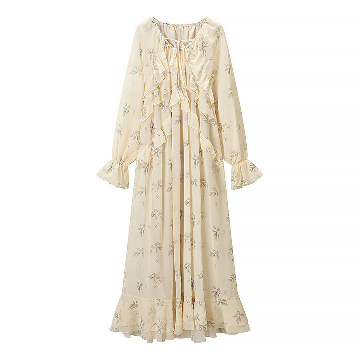 Damen Maxikleid mit Volants, langem Glockenärmel und floralem Chiffon-Design Drune