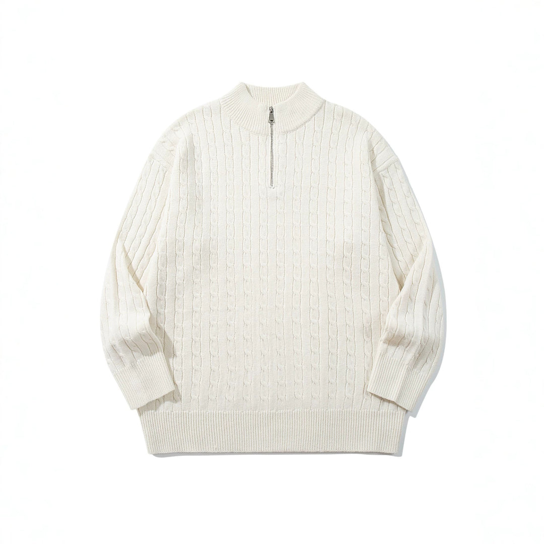 Unisex Zopfmuster-Halbzip-Strickpullover mit hohem Rippkragen und längerem Saum Drune