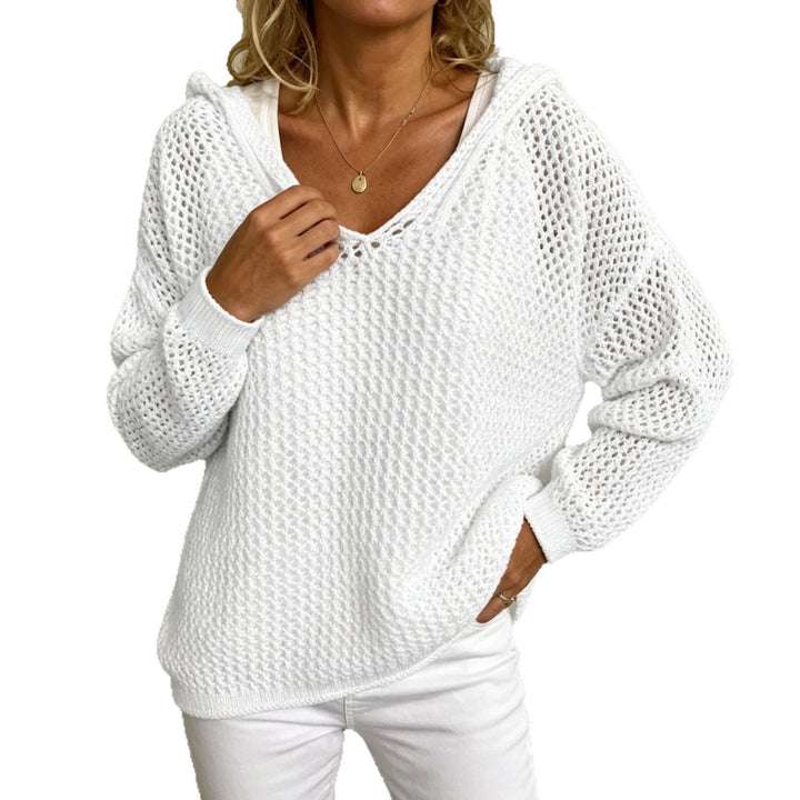 Damen Grobgestrickter V-Ausschnitt-Pullover mit Kapuze und Lochmuster Drune