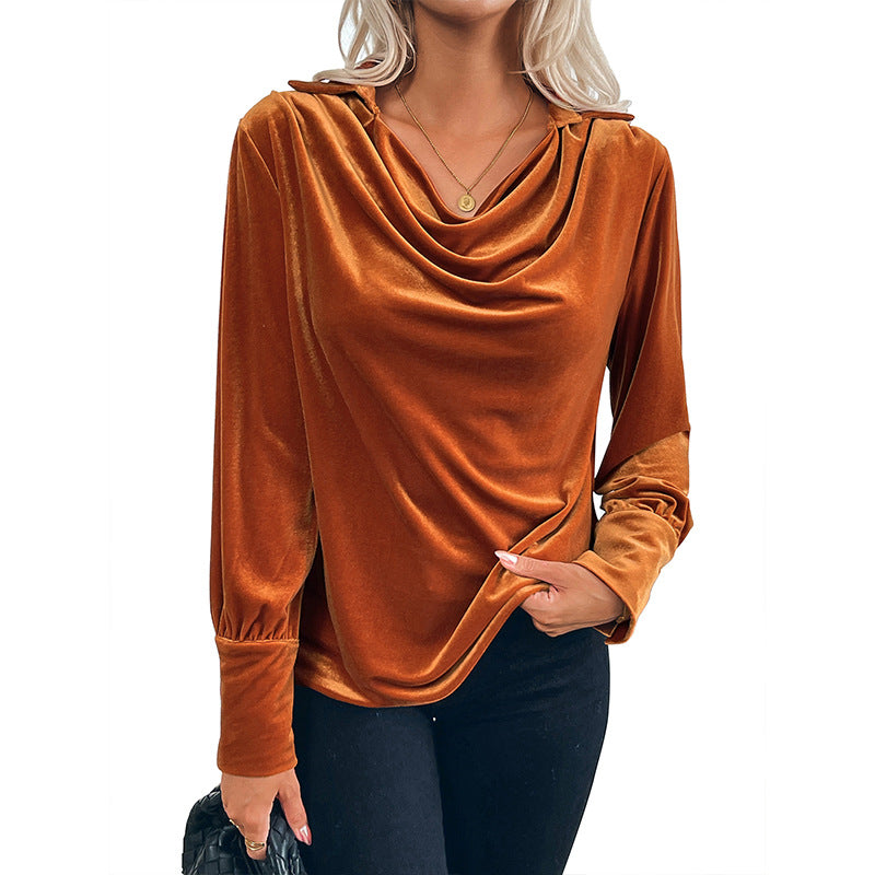 Damen elegante Samtbluse mit offenem Kragen und langen Ärmeln Drune