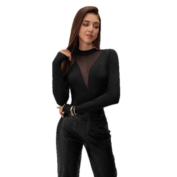 Damen nan figurbetonter Langarm-Body mit transparenten Mesh-Einsätzen, Stehkragen und hohem Beinausschnitt Drune