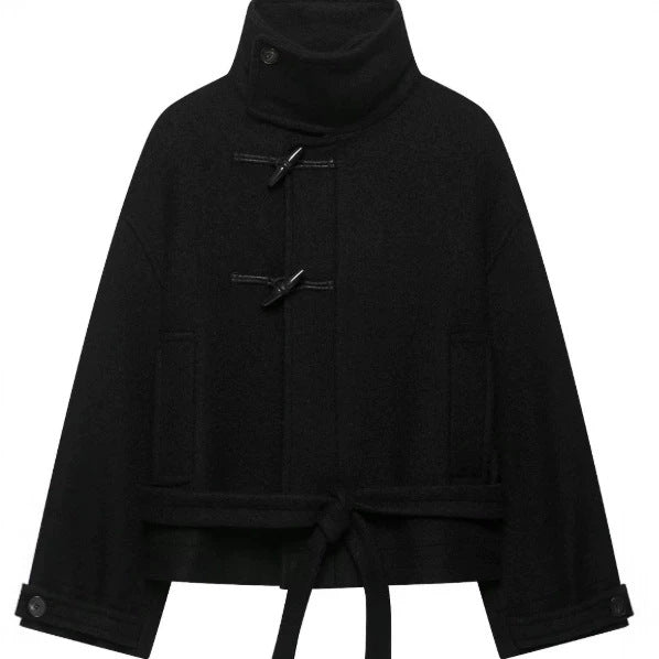 Damen Kurz geschnittener Duffle‑Cape‑Mantel mit hohem Funnelkragen, Knebelverschlüssen und Bindegürtel Drune