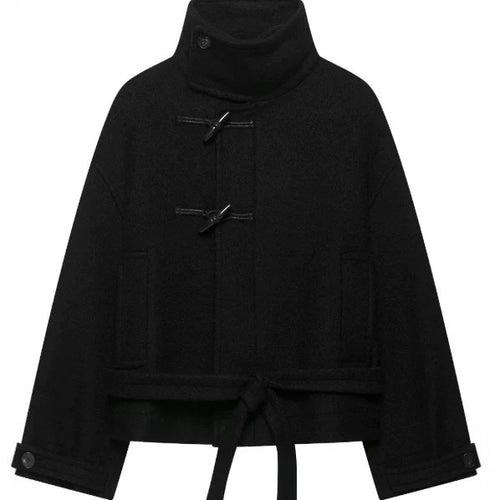 Damen Kurz geschnittener Duffle‑Cape‑Mantel mit hohem Funnelkragen, Knebelverschlüssen und Bindegürtel Drune