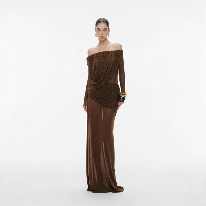 Damen Langarm Maxikleid mit Drapier-Design und schulterfreiem Ausschnitt Drune