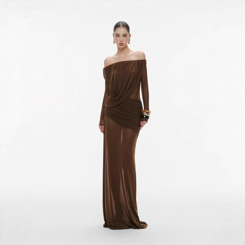 Damen Langarm Maxikleid mit Drapier-Design und schulterfreiem Ausschnitt Drune