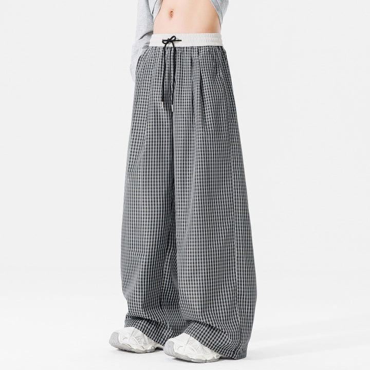 Damen Weite karierte Palazzo-Hose mit elastischem Bund, Tunnelzug & Oversize-Silhouette Drune