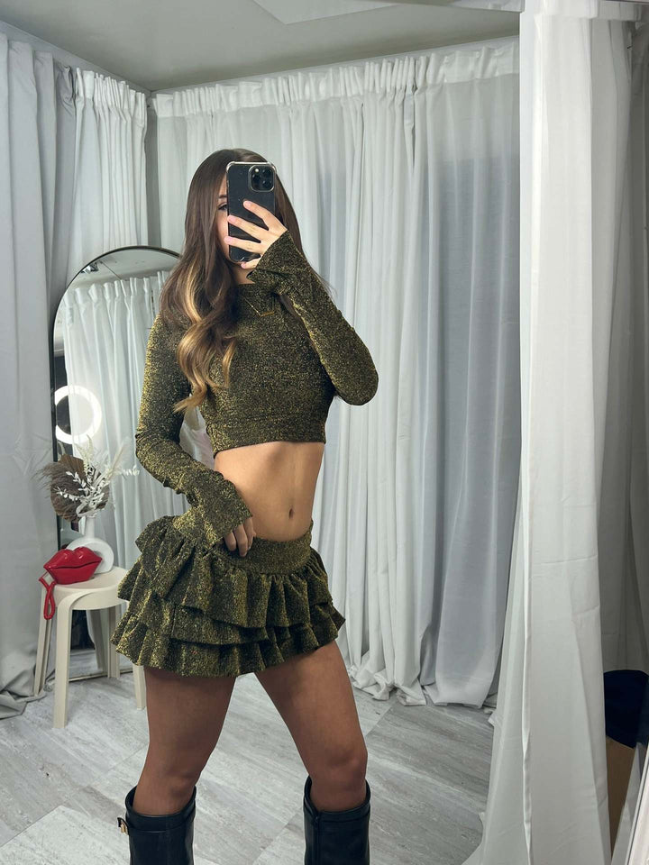 Damen modisches Crop-Top und plissierte Mini-Rock Set Drune