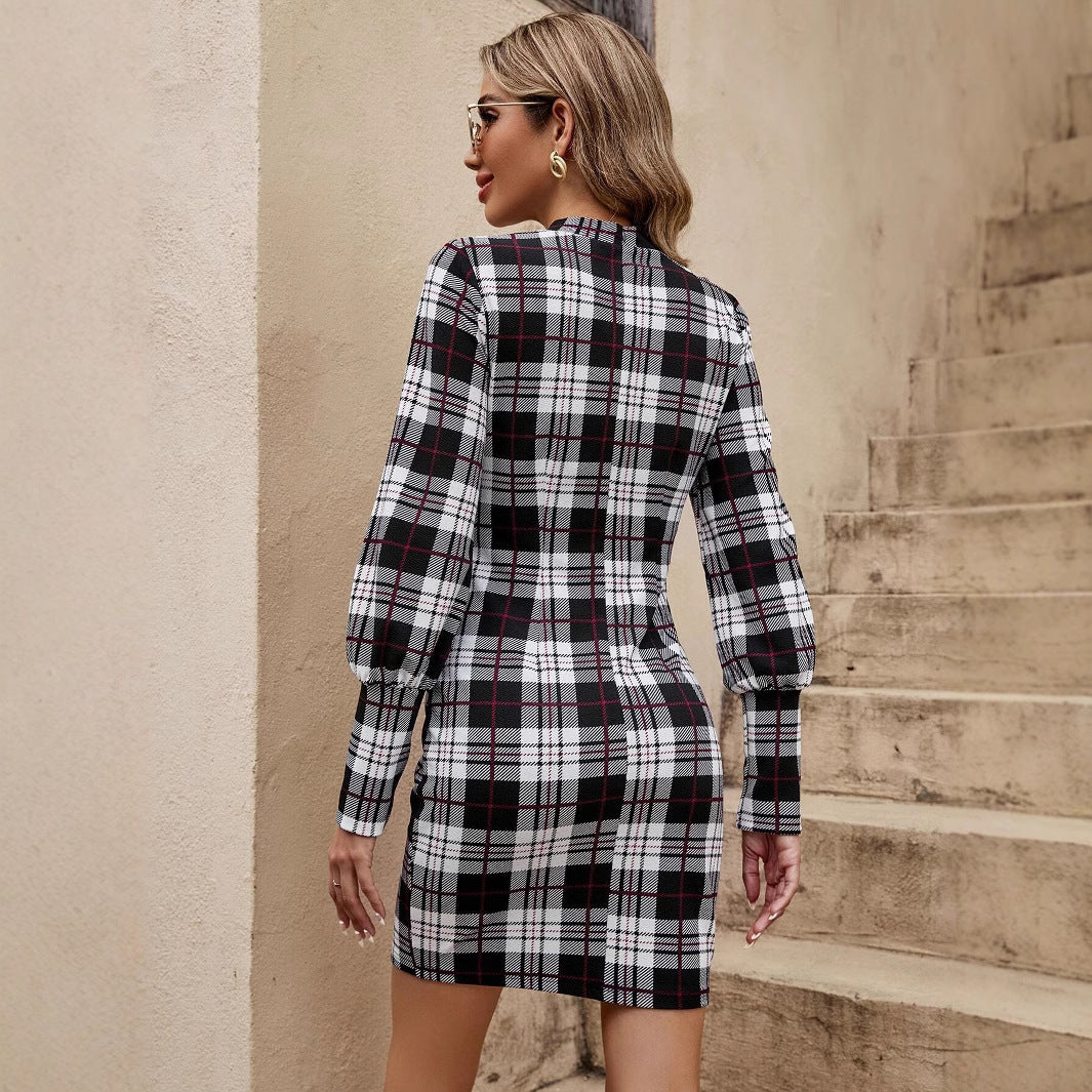 Damen Karokleid mit eleganter Gürtelakzentuierung und Puffärmeln Drune