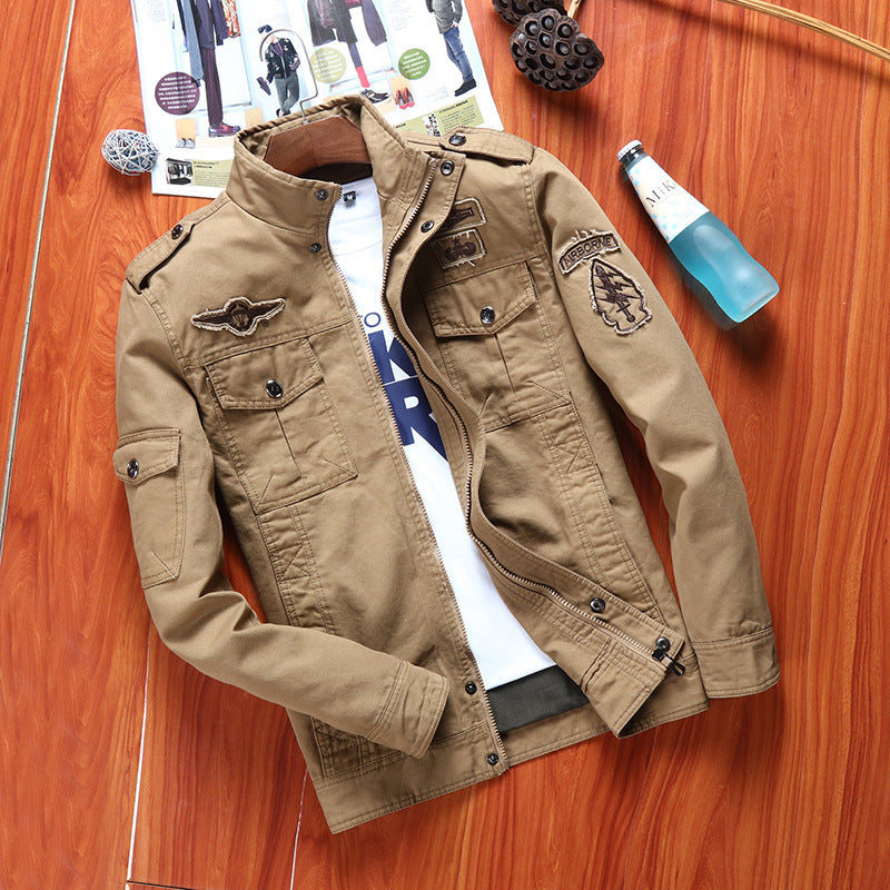 Herren Robust geschnittene Canvas-Combatjacke mit Patches, Stehkragen und Multifunktionspattentaschen Drune