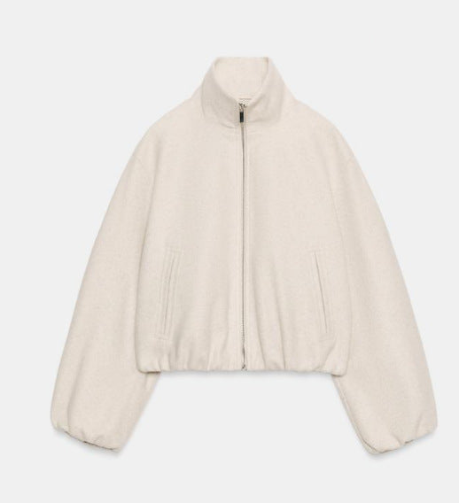 Damen Cropped‑Fleece‑Bomberjacke mit Stehkragen, balligen Ärmeln und elastischem Saum Drune