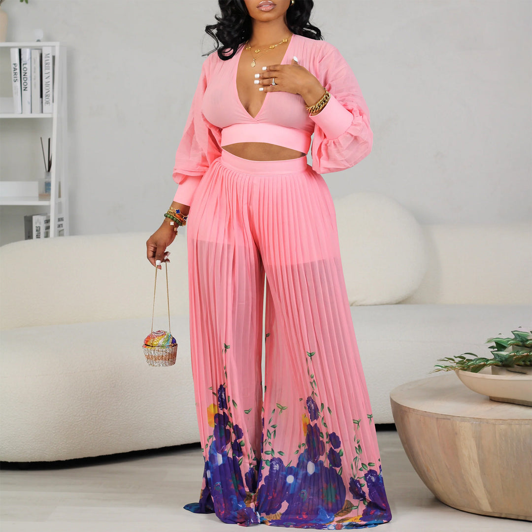 Damen Jumpsuit mit voluminösen Ärmeln und floralem Saum Drune