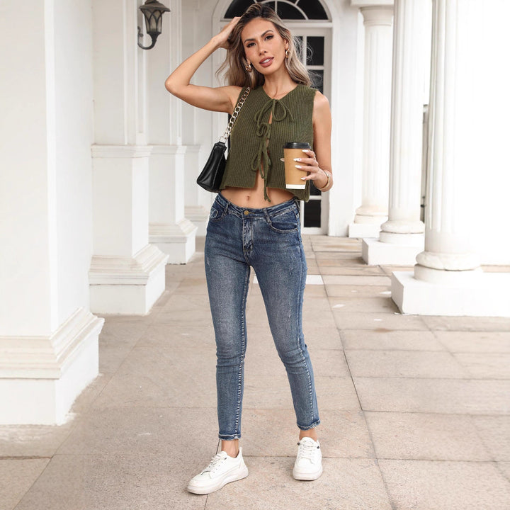 Damen cropped Strickoberteil mit dekorativem Schnürverschluss Drune