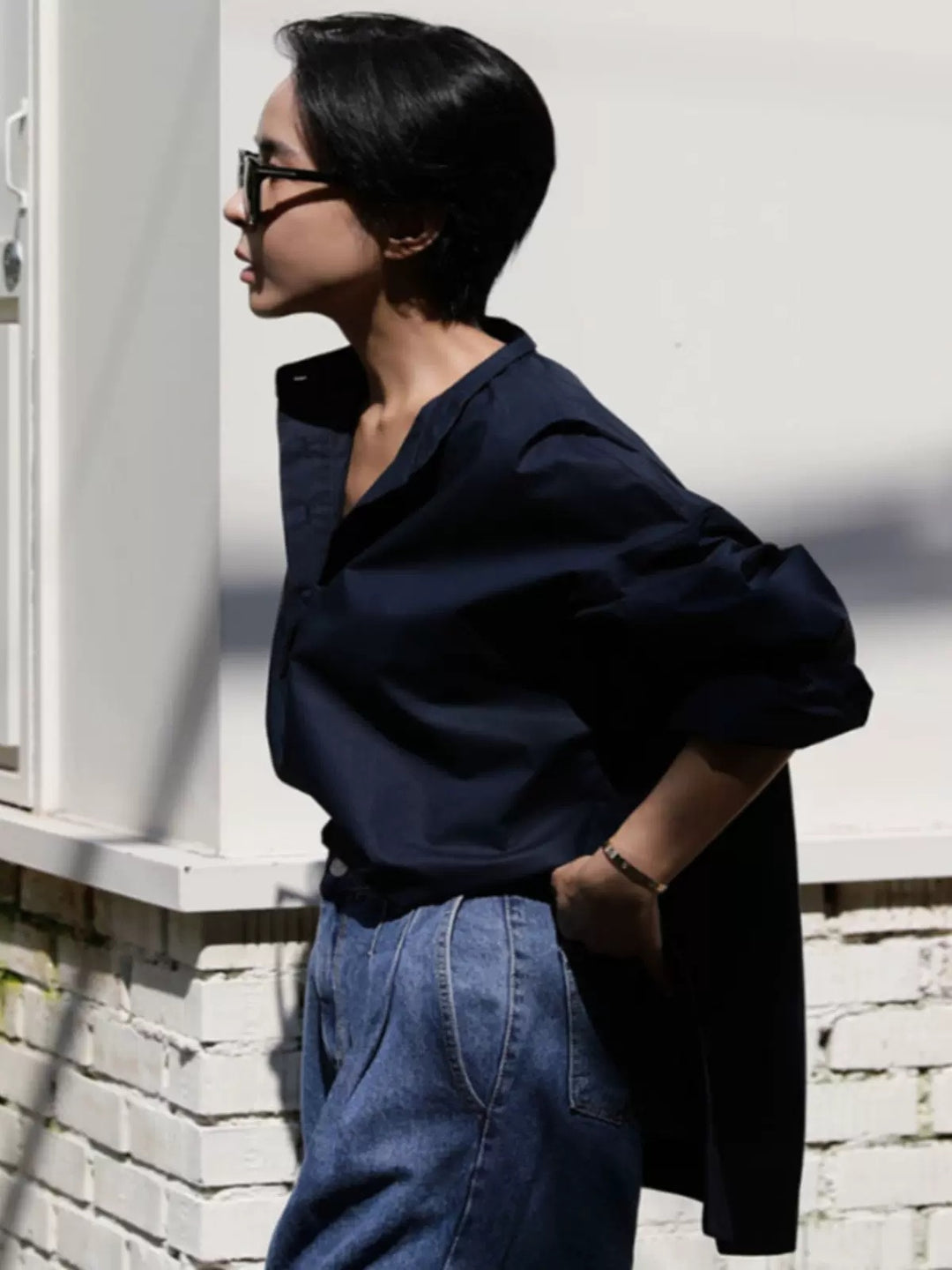 Damen Boxy-Baumwollbluse mit breitem Kentkragen und legerer Passform Drune