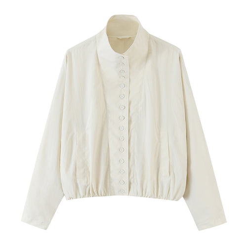 Damen Cropped‑Blousonjacke im minimalistischen Design mit Stehkragen, dekorativer Knopfleiste und elastischem Saumbund Drune