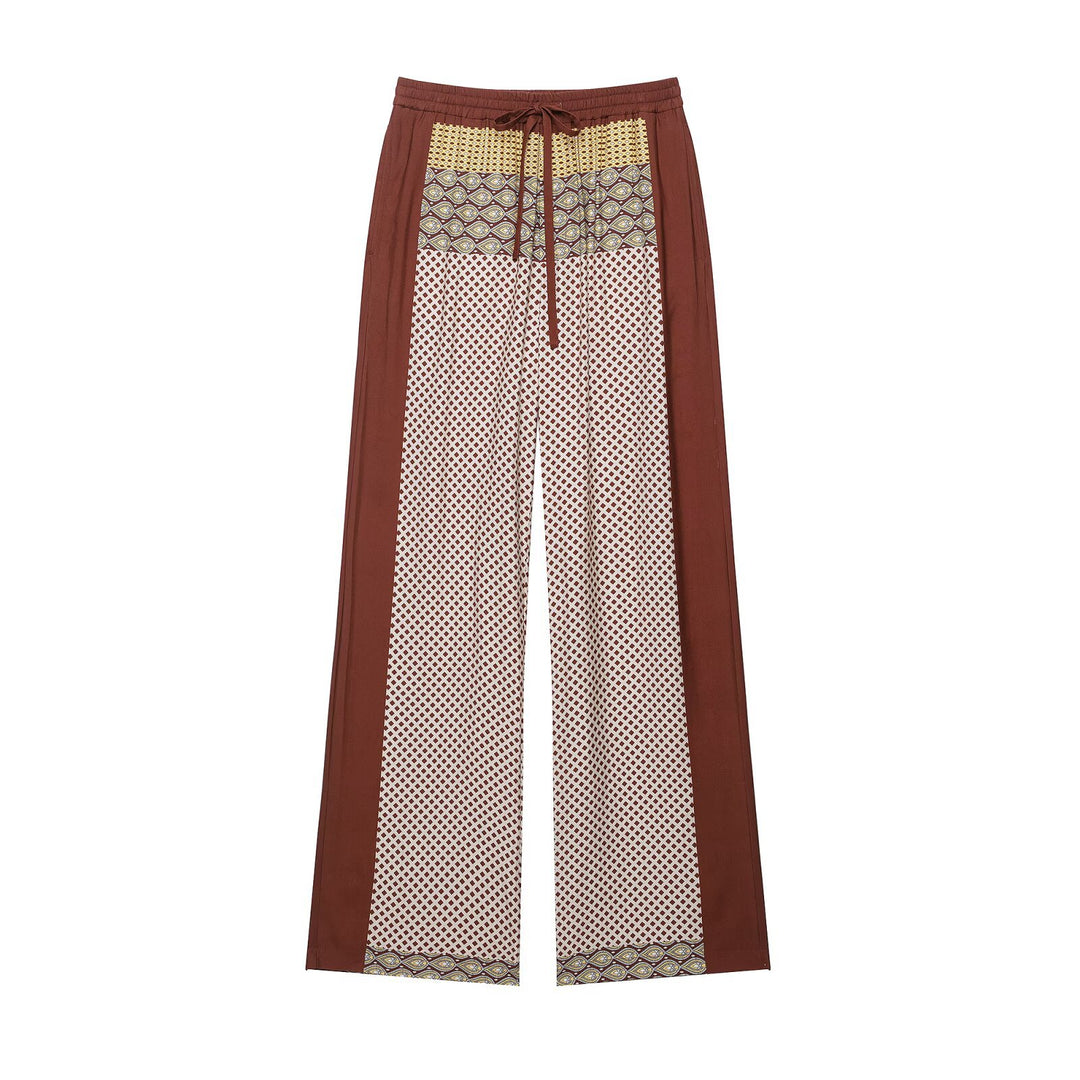 Damen Weite Palazzo‑Hose mit Print‑Einsätzen, Tunnelzugbund und Seitenpaspeln Drune