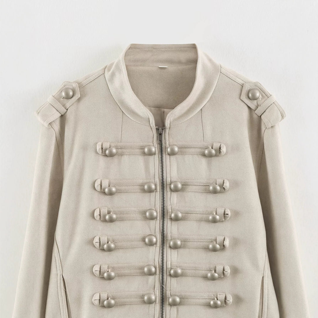 Damen Kurzblouson im Militärlook mit Zierknotenleisten und Stehkragen Drune
