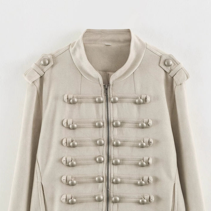 Damen Kurzblouson im Militärlook mit Zierknotenleisten und Stehkragen Drune