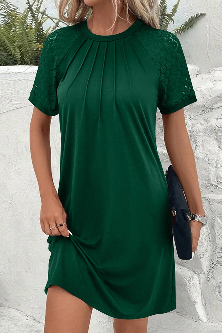Damen Kurzärmeliges Freizeitkleid mit Faltenoberteil und Spitzeneinsätzen Drune