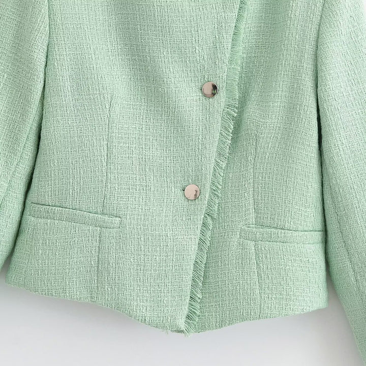 Damen Kurzblazer aus Bouclé‑Tweed mit Stehkragen, Fransenabschluss und taillierter Silhouette Drune