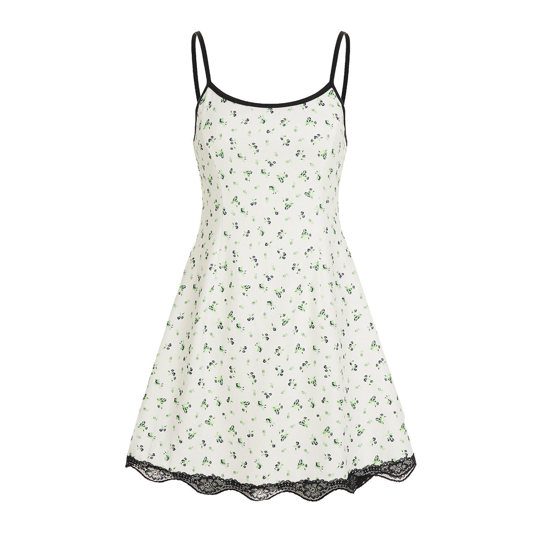 Damen Sommerliches Spaghetti-Trägerkleid mit floralen Mustern und Spitzenbesatz Drune