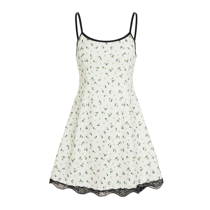 Damen Sommerliches Spaghetti-Trägerkleid mit floralen Mustern und Spitzenbesatz Drune