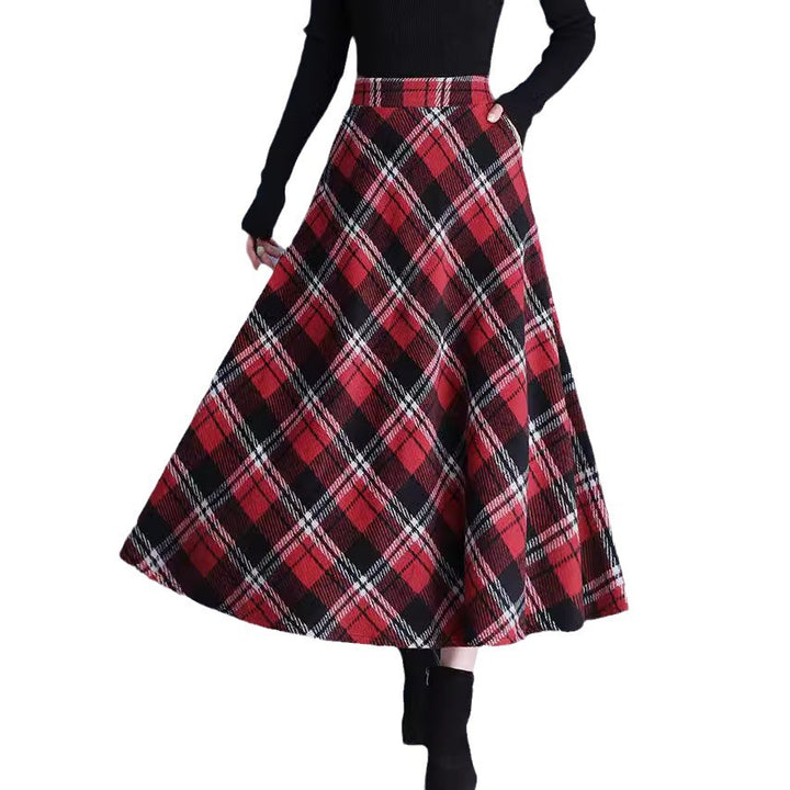 Damen nan weiter karierter Tellerrock aus Wollmix mit hoher Taille und Eingrifftaschen Drune