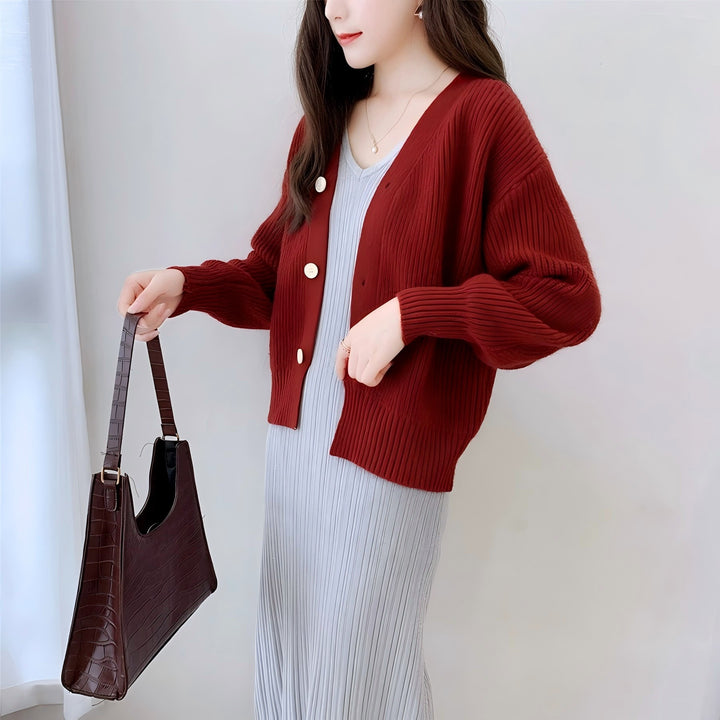 Damen lässige Strickjacke mit V-Ausschnitt und großen Knöpfen Drune