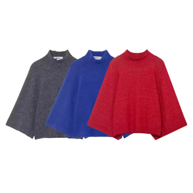 Damen 10+ oversized Strickponcho mit Stehkrragen und weiten Cape-Ärmeln Drune