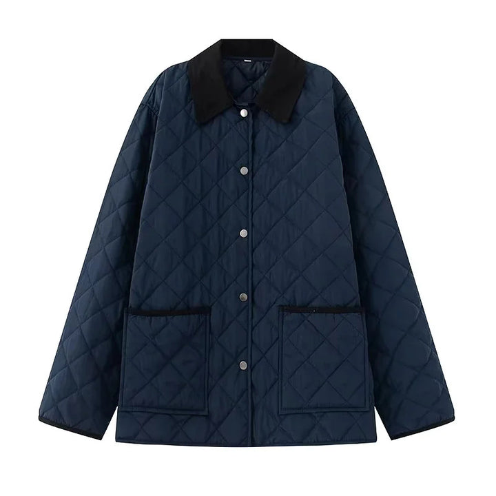 Damen nan kastige gesteppte Feldjacke im Quilt‑Look mit Cordkragen und großen Klapptaschen Drune