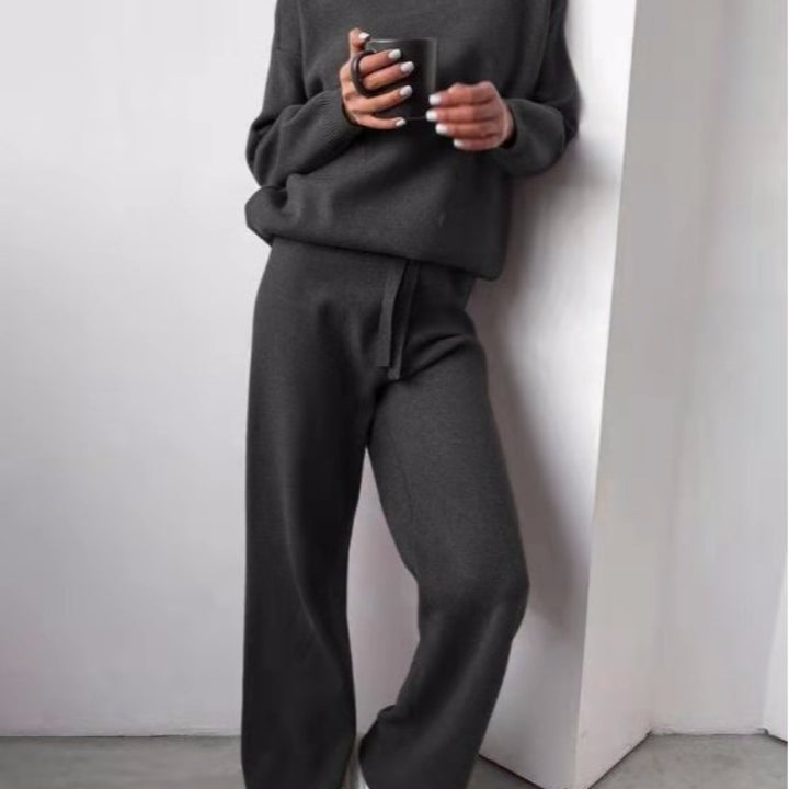 Damen kuscheliges Strick-Loungewear-Set mit weiten Hosen und elegantem Rundhalsausschnitt Drune