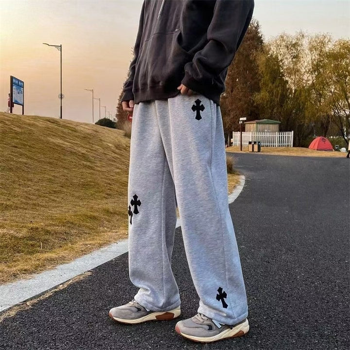 Herren Weite Sweatpants mit Gothic-Kreuz-Print, Tunnelzug & Tiefer Schritt Drune