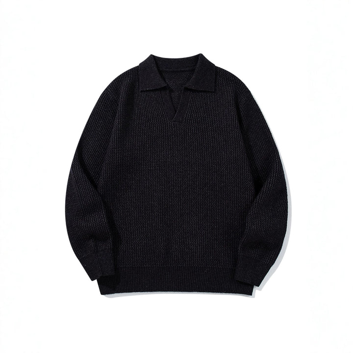 Herren Grobgestrickter Polokragen-Pullover mit V‑Ausschnitt und Rippenbündchen Drune