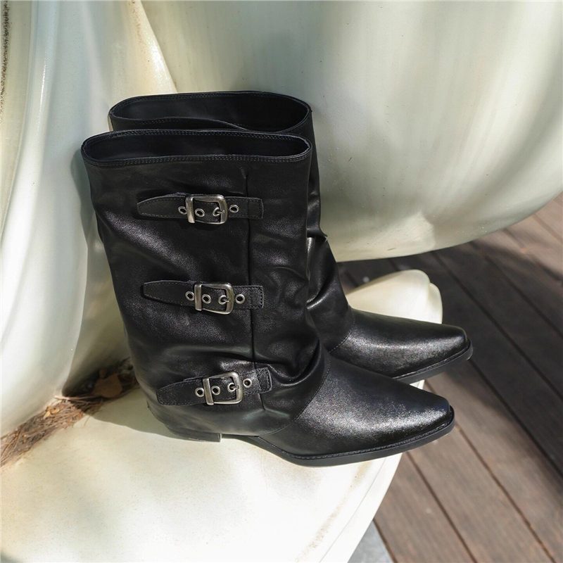 Damen Mid-Calf Stiefel mit spitzer Zehenpartie, dreifachen Zierschnallen und leichtem Blockabsatz Drune