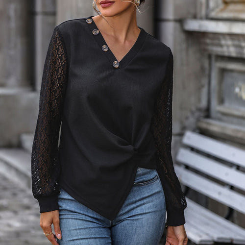 Damen V-Ausschnitt Blusenshirt mit Spitzenärmeln, asymmetrischer Knopfleiste und Knotenfront Drune