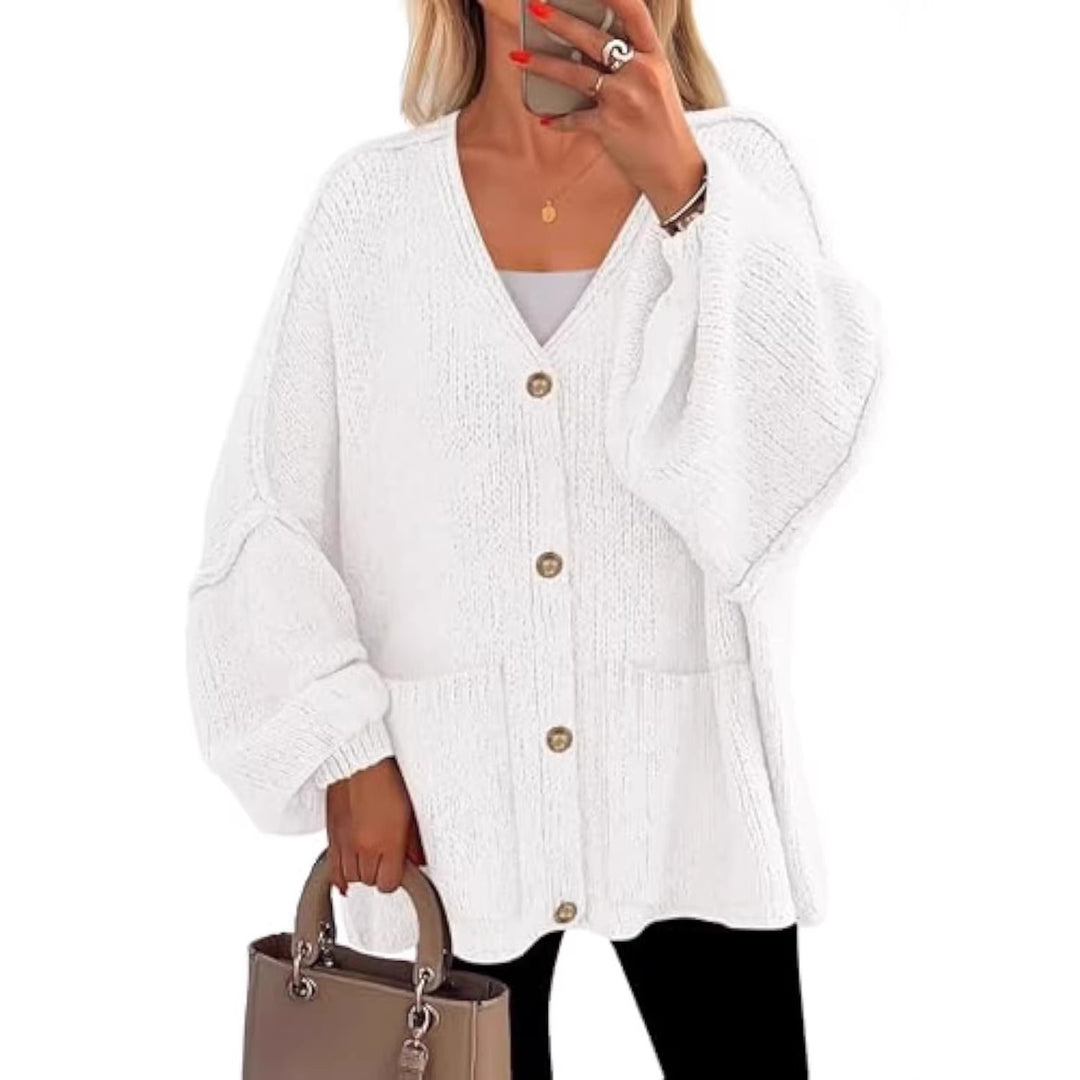 Damen Oversize Strickcardigan mit V-Ausschnitt, goldenen Zierknöpfen und aufgesetzten Taschen Drune