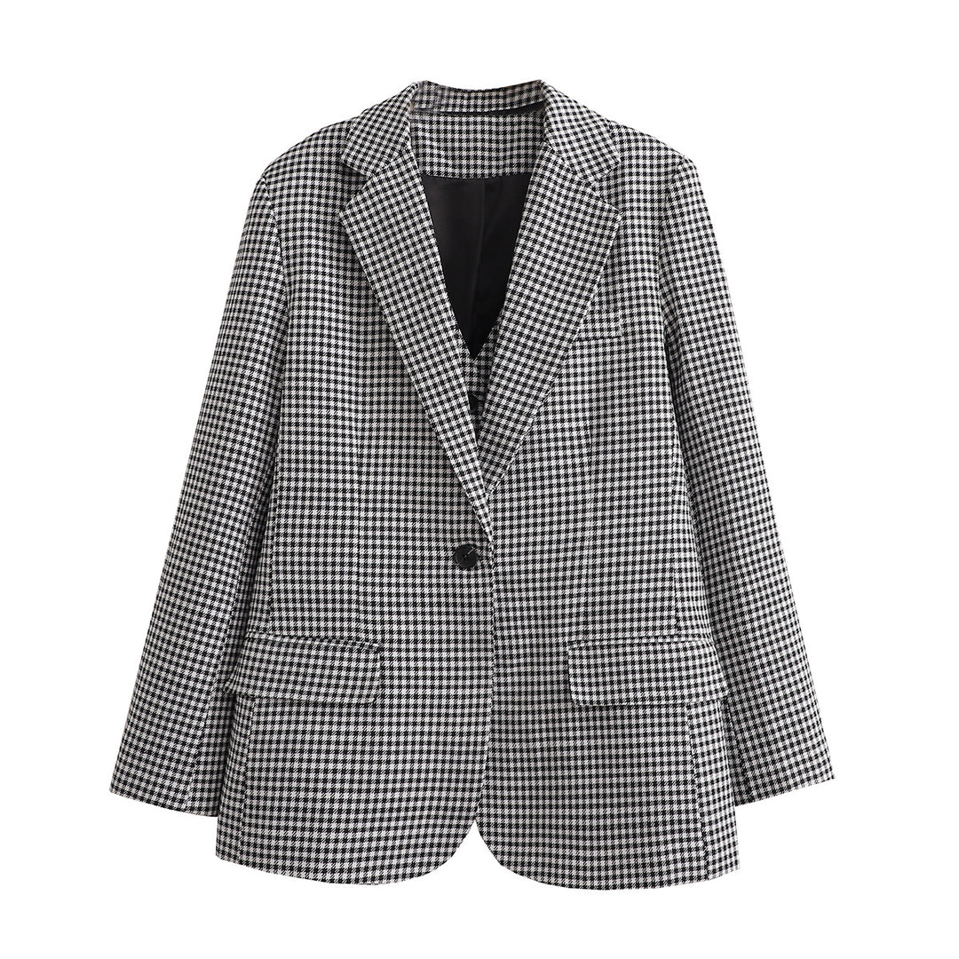 Damen Oversize Hahnentritt Blazer mit Ein-Knopf-Verschluss und Pattentaschen Drune