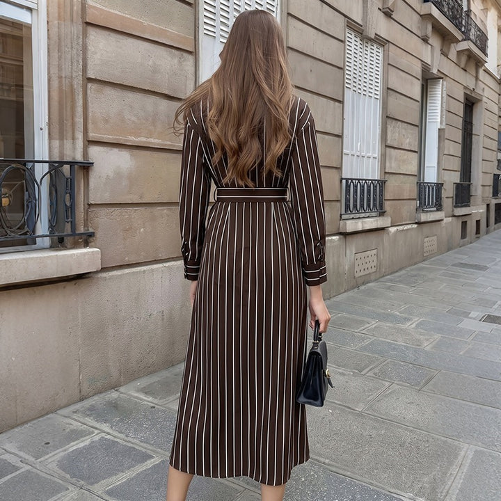 Damen Hemdblusenkleid mit Taillengürtel und vertikalem Nadelstreifen Drune