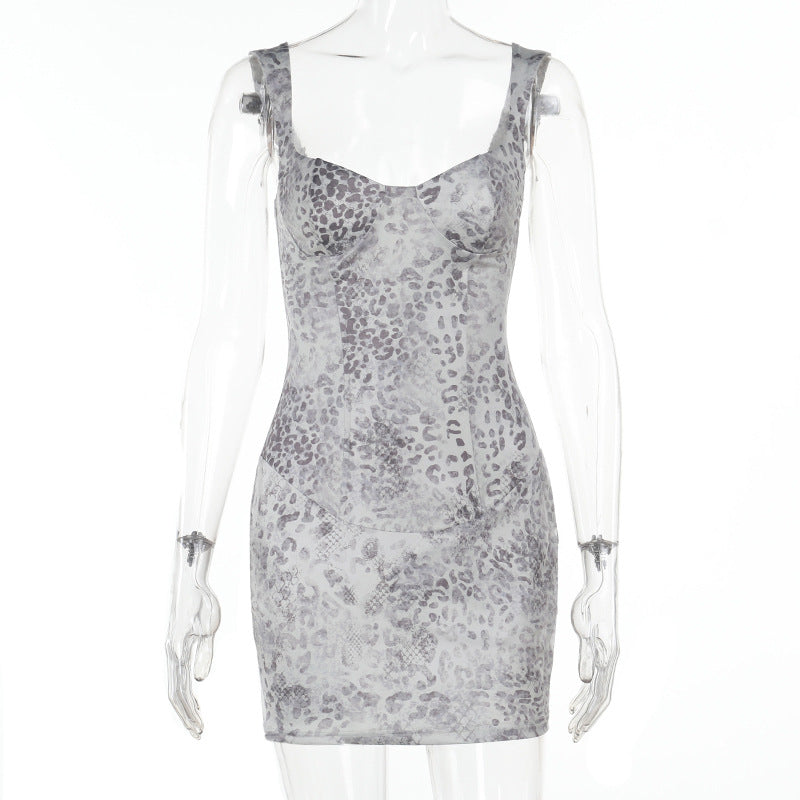 Damen schulterfreies Minikleid mit Leopardenmuster und figurbetontem Schnitt Drune