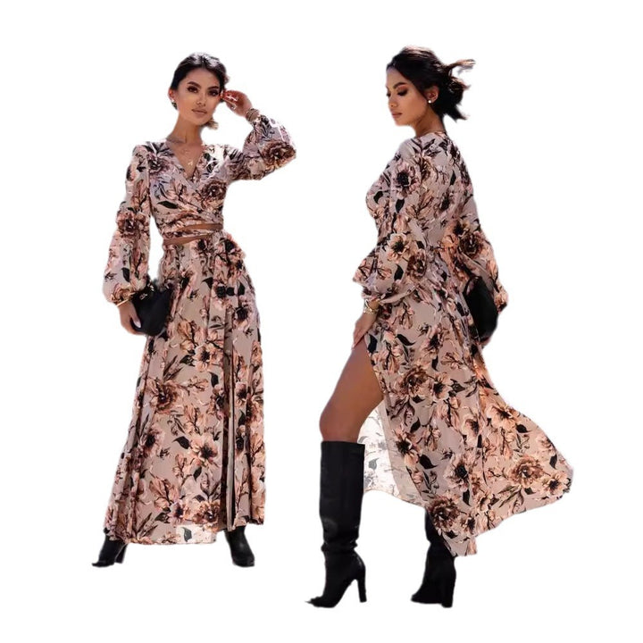 Damen Maxikleid im Leopardenmuster mit Wickeldesign und voluminösen Ärmeln Drune