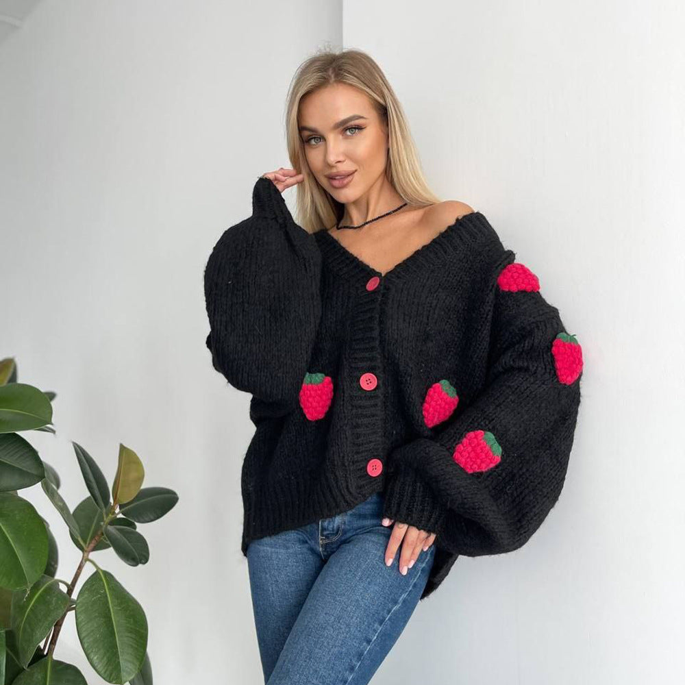 Damen Strickjacke mit verspieltem Erdbeermuster und weiten Ärmeln Drune