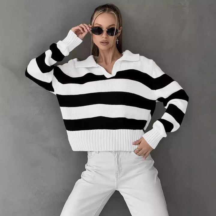 Damen sportlicher Pullover mit Streifenmuster und Kragen Drune