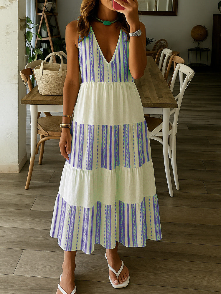 Damen Sommerliches Maxikleid mit tiefem V-Ausschnitt und breitem Rock Drune