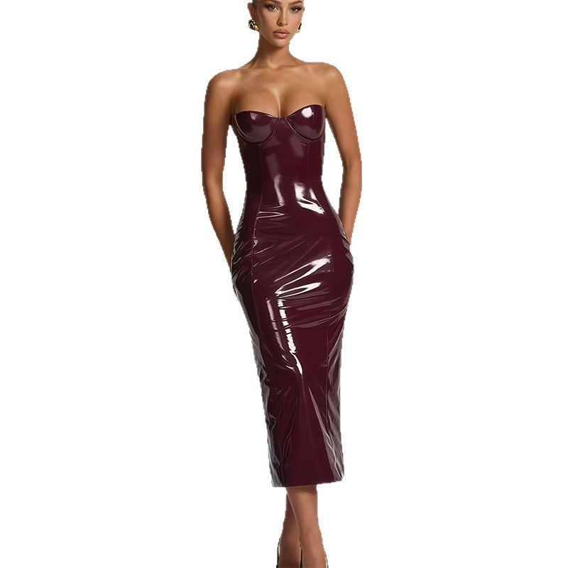 Damen Bodycon-Kleid mit trägerlosem Design und glänzender Oberfläche Drune