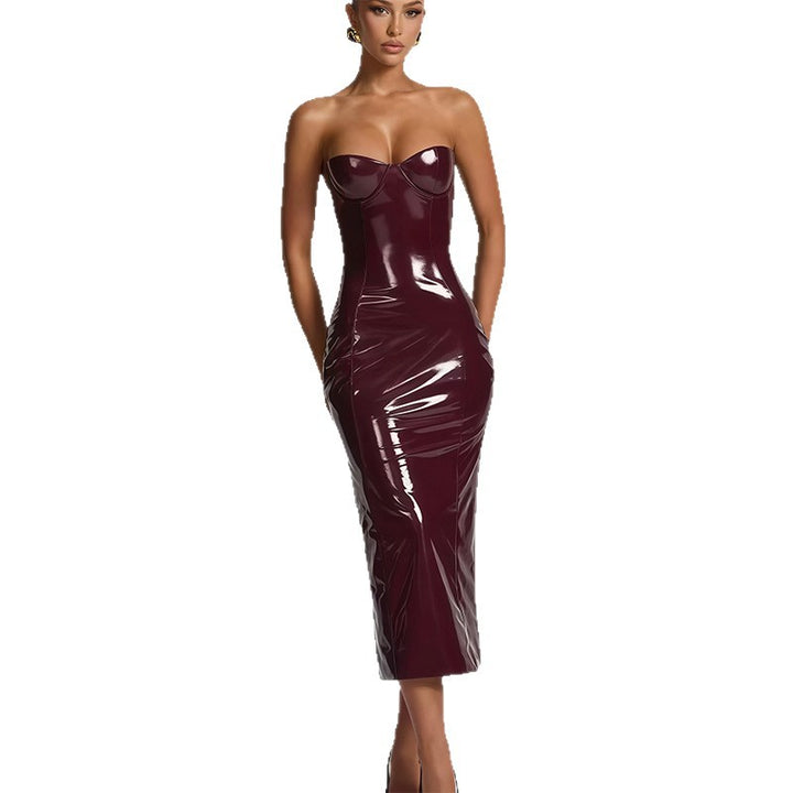 Damen Bodycon-Kleid mit trägerlosem Design und glänzender Oberfläche Drune
