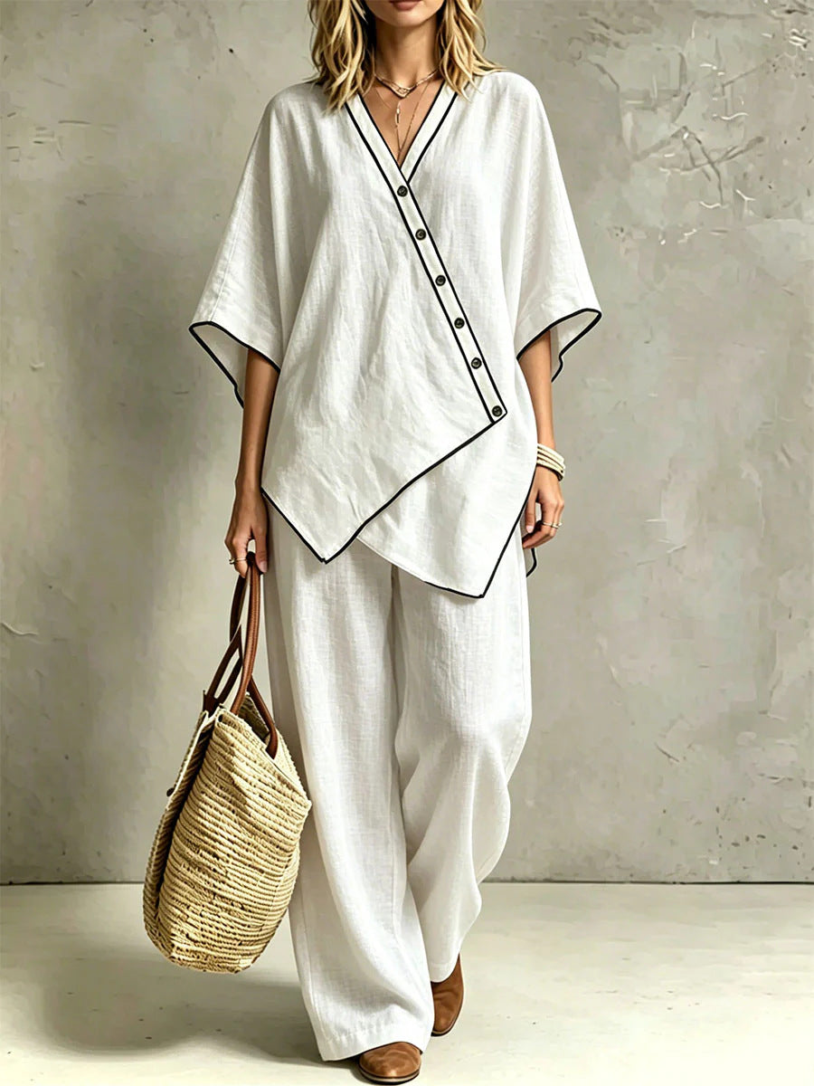 Damen Asymmetrisches Tunika-Loungewear-Set mit diagonaler Knopfleiste und weiter Palazzohose Drune