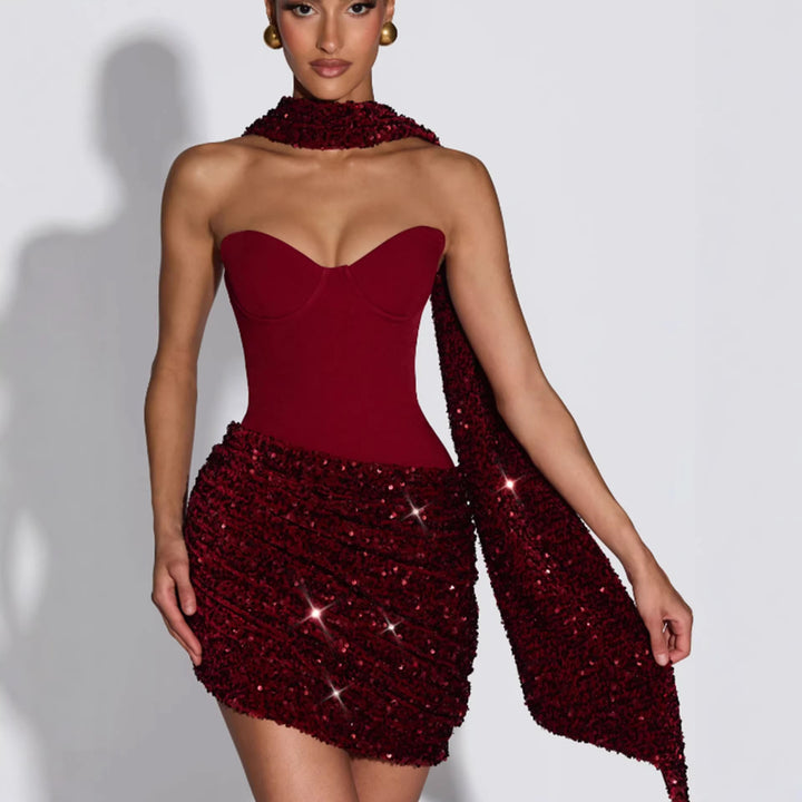 Damen Glamouröses Minikleid mit figurbetontem Bustier-Oberteil und eindrucksvollem Paillettenrock Drune