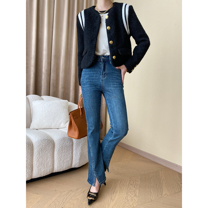 Damen Bouclé-Jacke mit goldenen Knöpfen und Streifen Drune