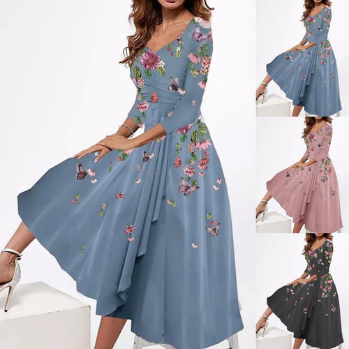 Damen Wickel-Midi-Kleid mit Blumenmuster, asymmetrischem Stufenschnitt und tailliertem Bindegürtel Drune