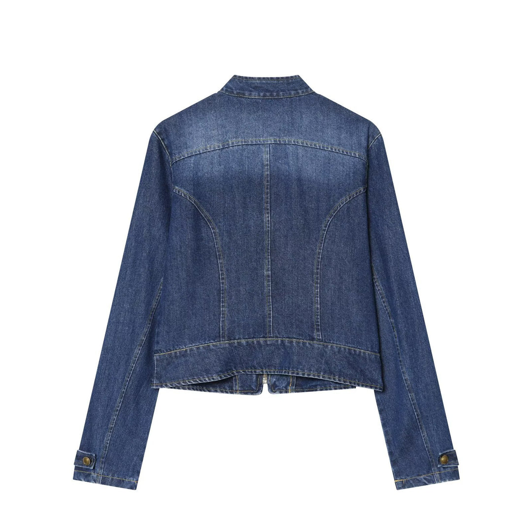 Damen Jeansjacke im Militärstil mit Stehkragen und Zierknopfleiste Drune