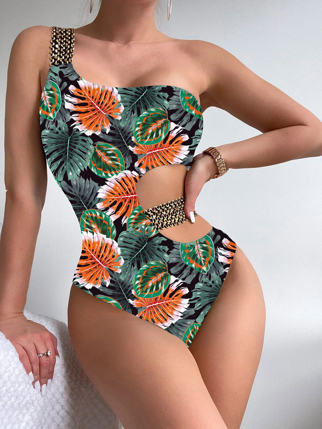 Damen Einteiliger Designer-Badeanzug mit asymmetrischem Schnitt und modischem Trägerriemen Drune